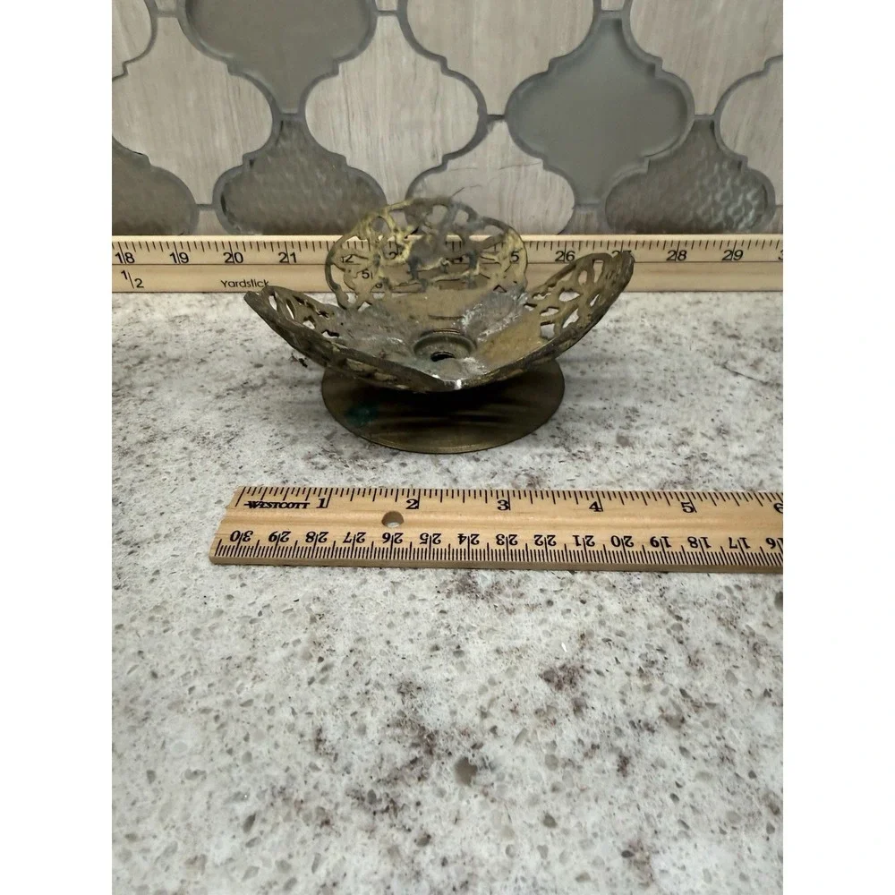 Vintage Brass Pillar Candle Holder Flower  Embossed 4.5